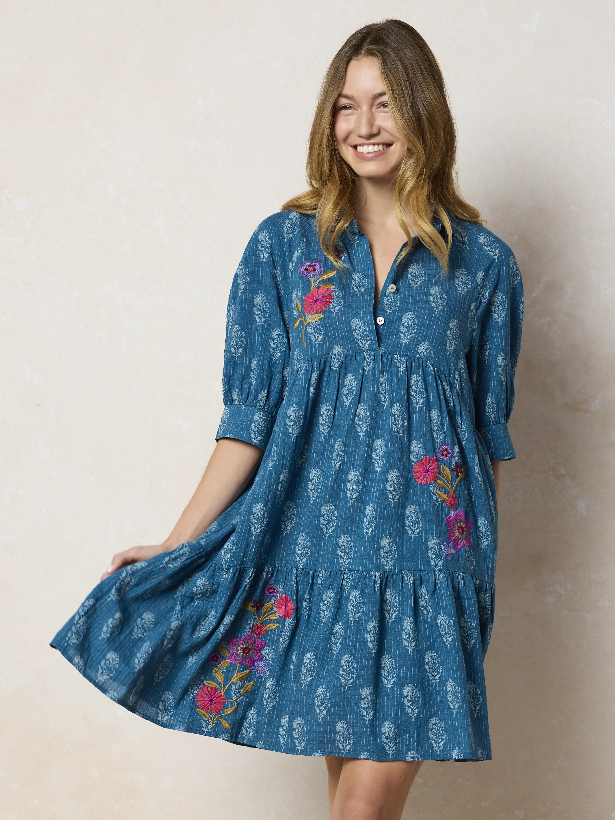 Becca Embroidered Mini Dress - Block Stamp Indigo - Image 3