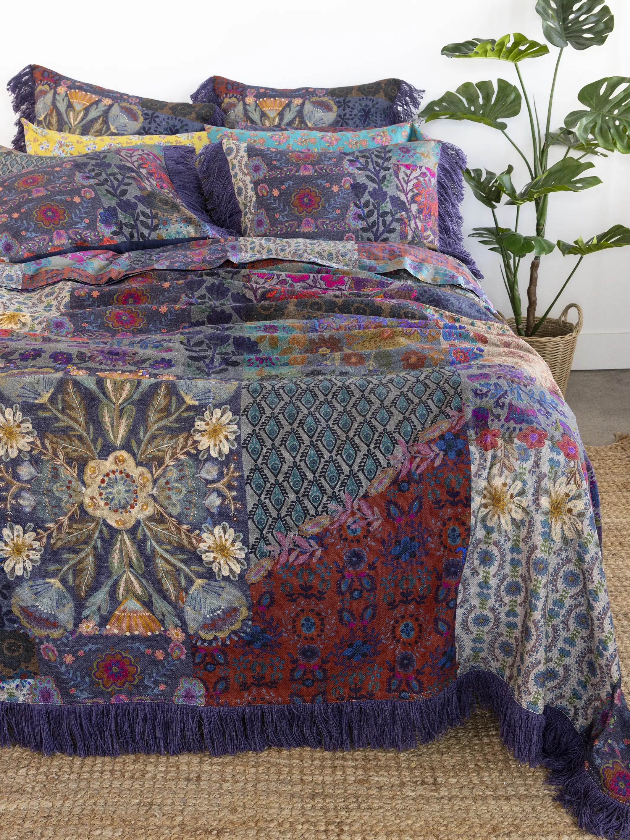 Boho Fringe Euro Sham - Blue Patchwork - Image 3