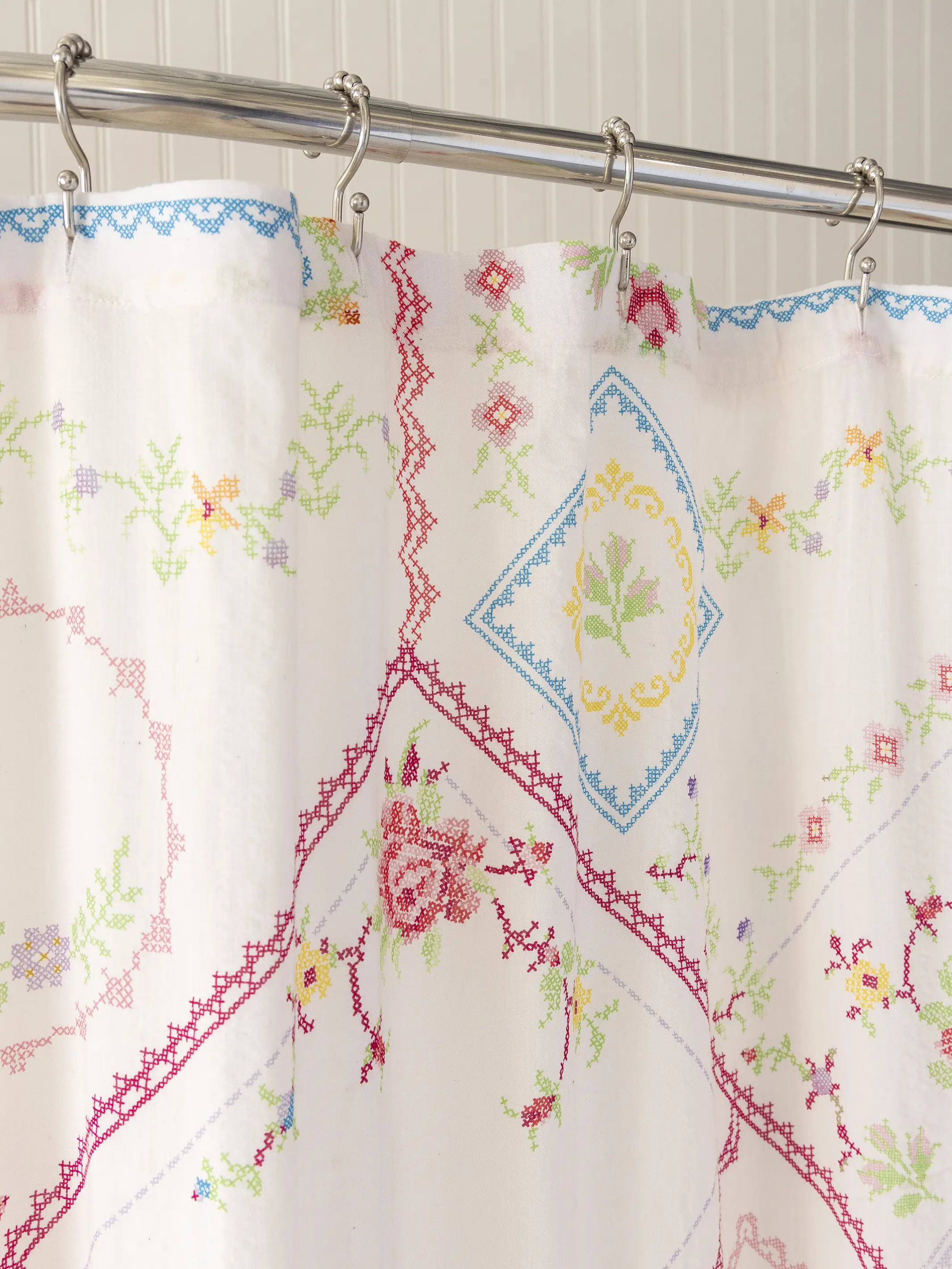 Boho Shower Curtain -  Heirloom Cross Stitch Ivory - Image 2