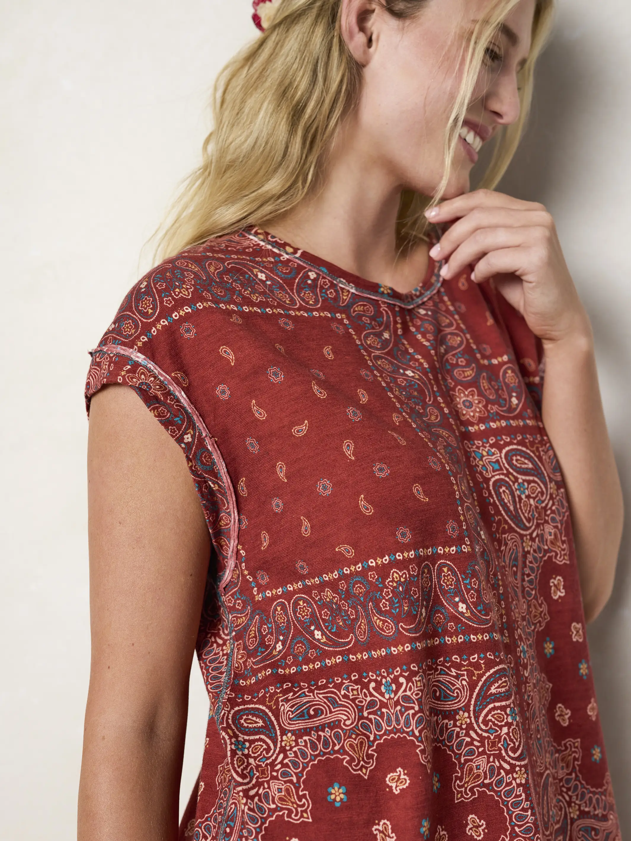 Frankie Knit Cotton Tee Mini Dress - Red Bandana Scarf - Image 2