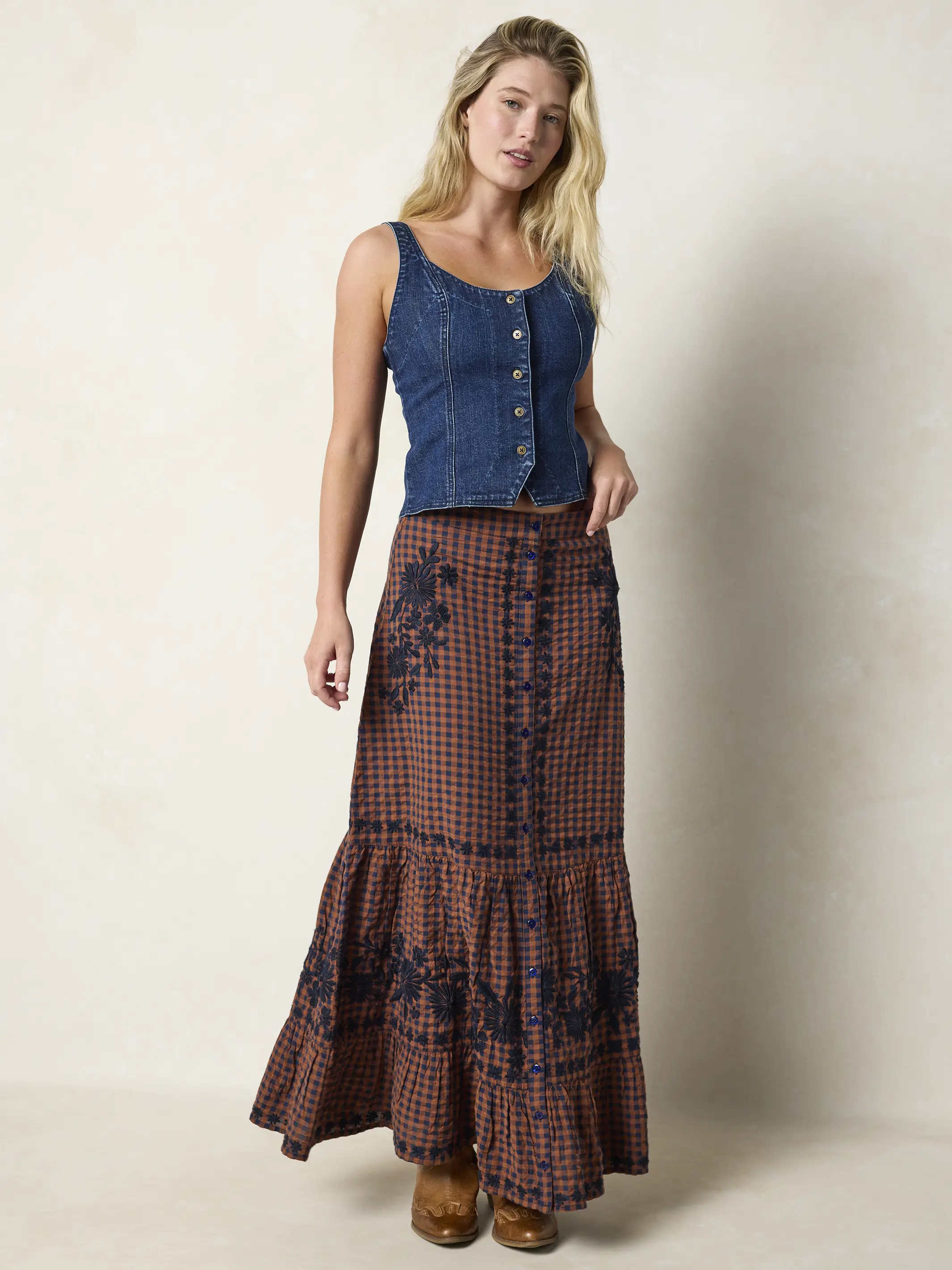 Free Fallin' Embroidered Cotton Maxi Skirt - Rust Gingham - Image 2