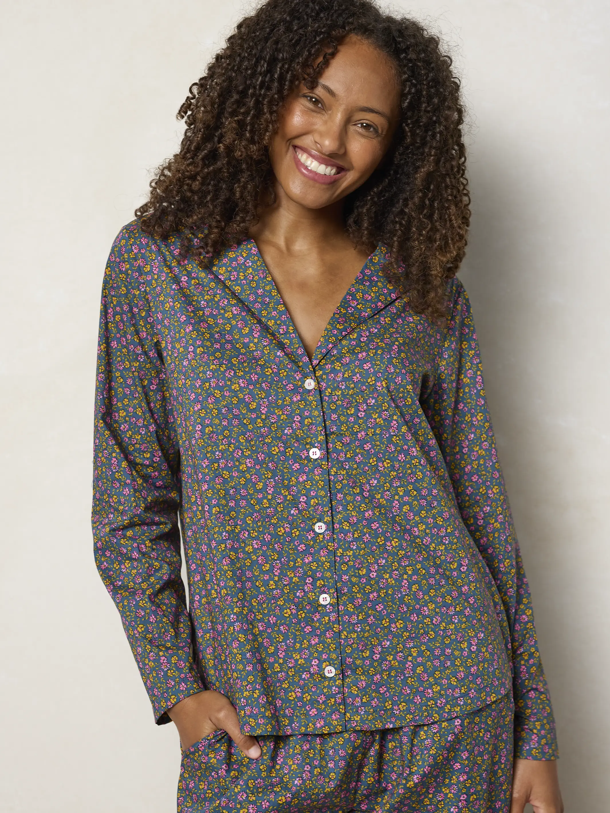 Mix & Match Cotton Long Sleeve Pajama Top - Mari Ditsy Navy - Image 5