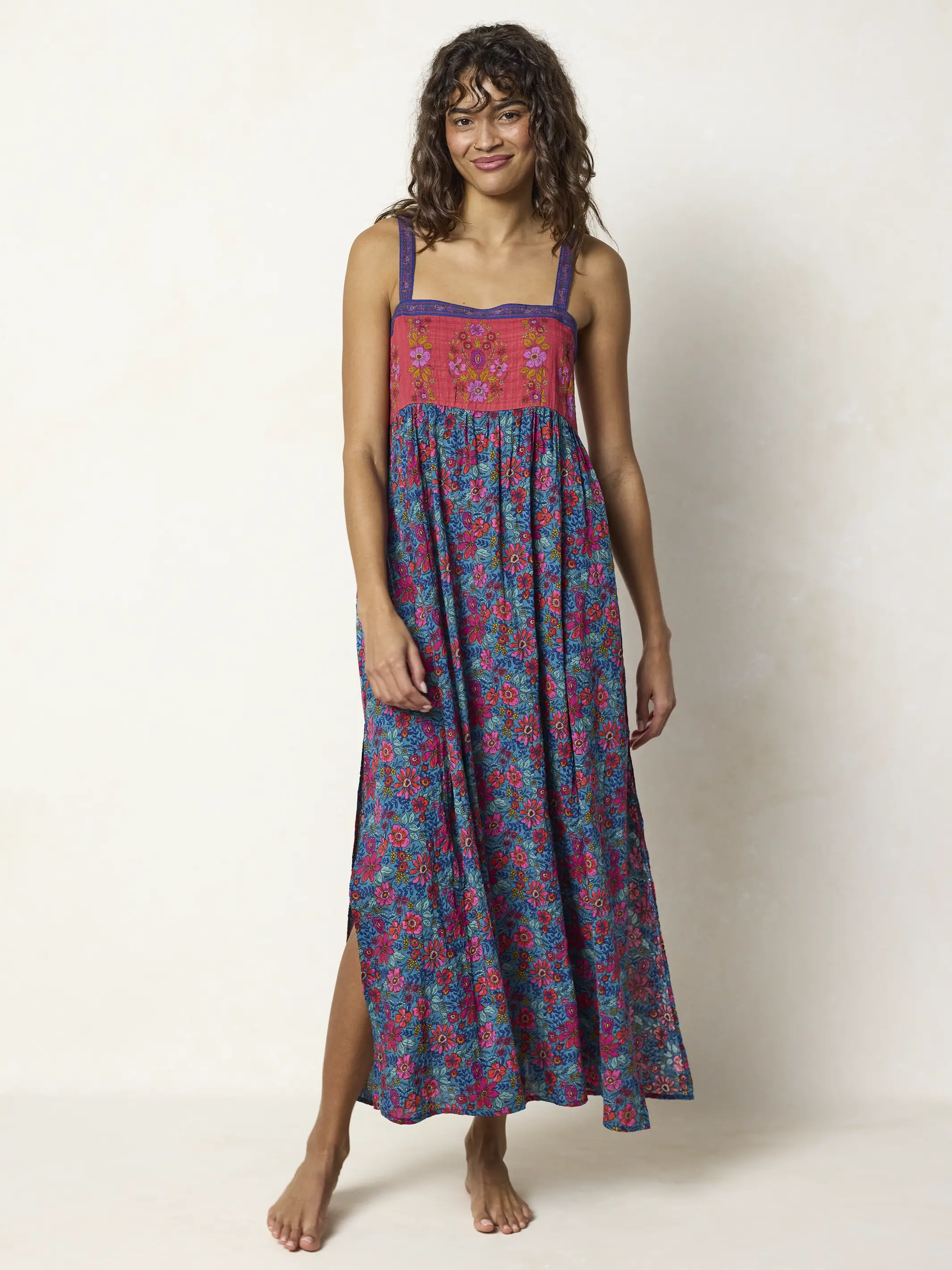 Patti Side Slit Maxi Dress - Teal Boho Border Scarf - Image 2