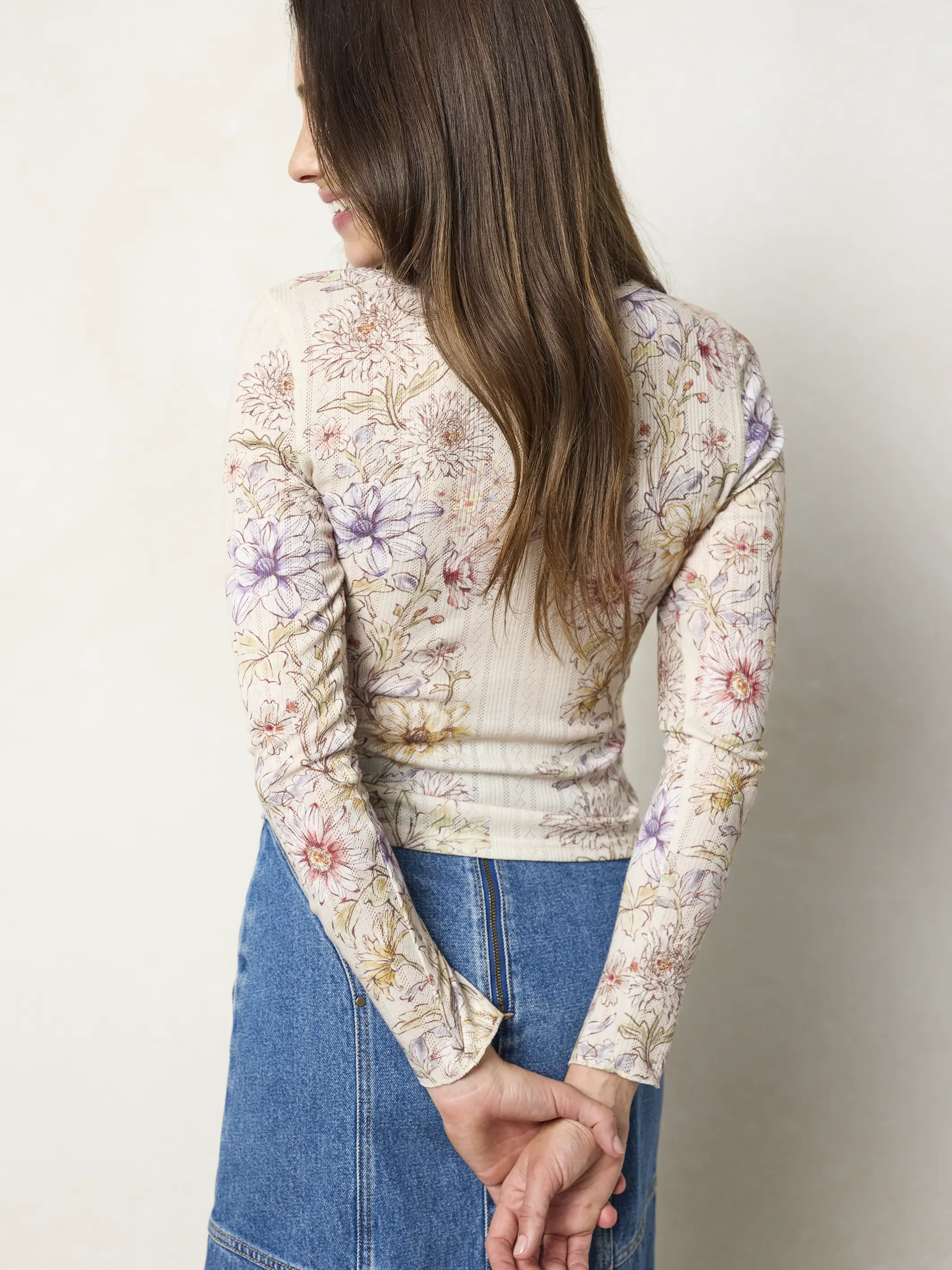 Pretty Pointelle Long Sleeve Top - Ivory Dahlia Rows - Image 4