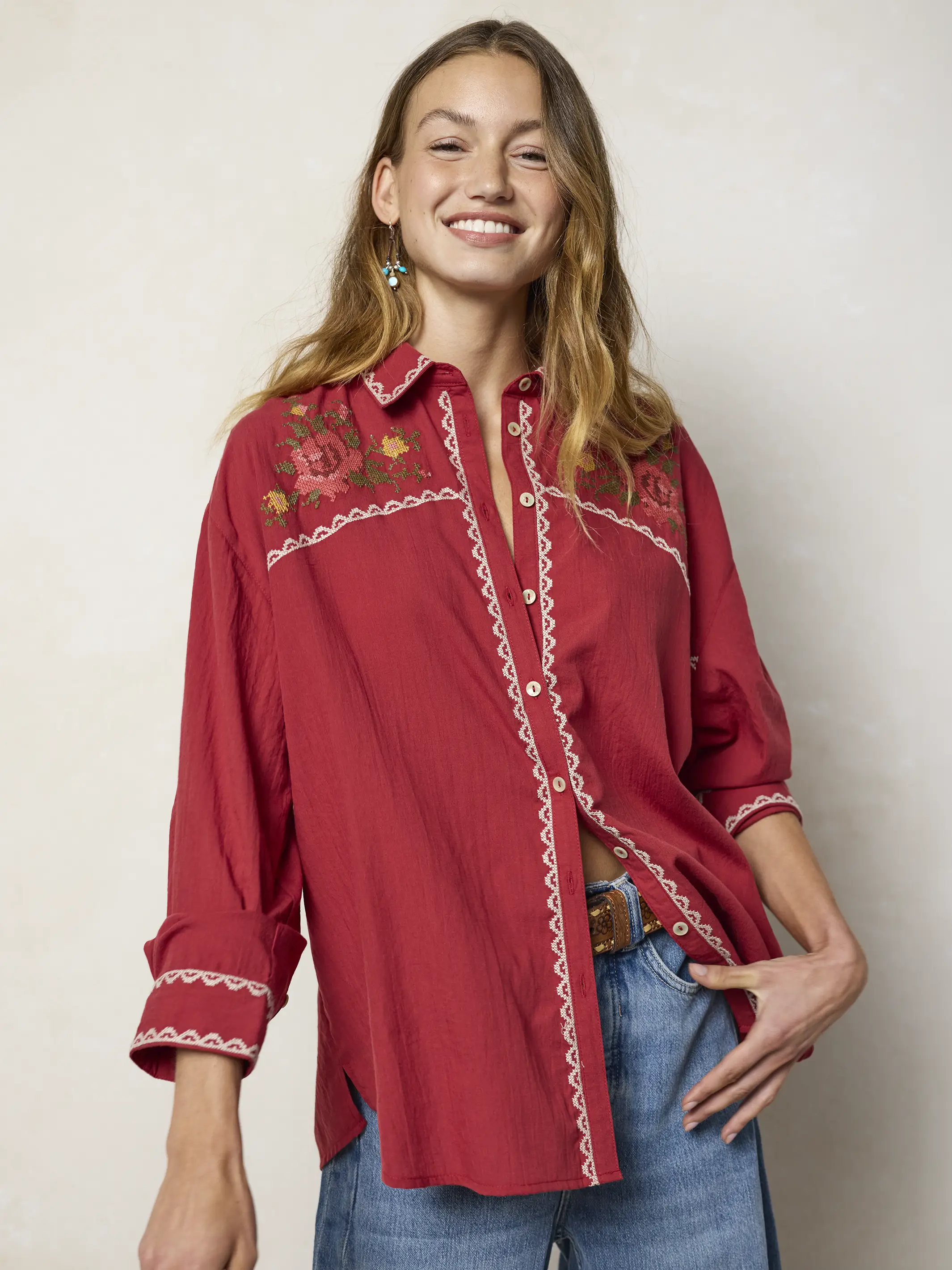 Round Top Embroidered Button Down - Red Clay - Image 5