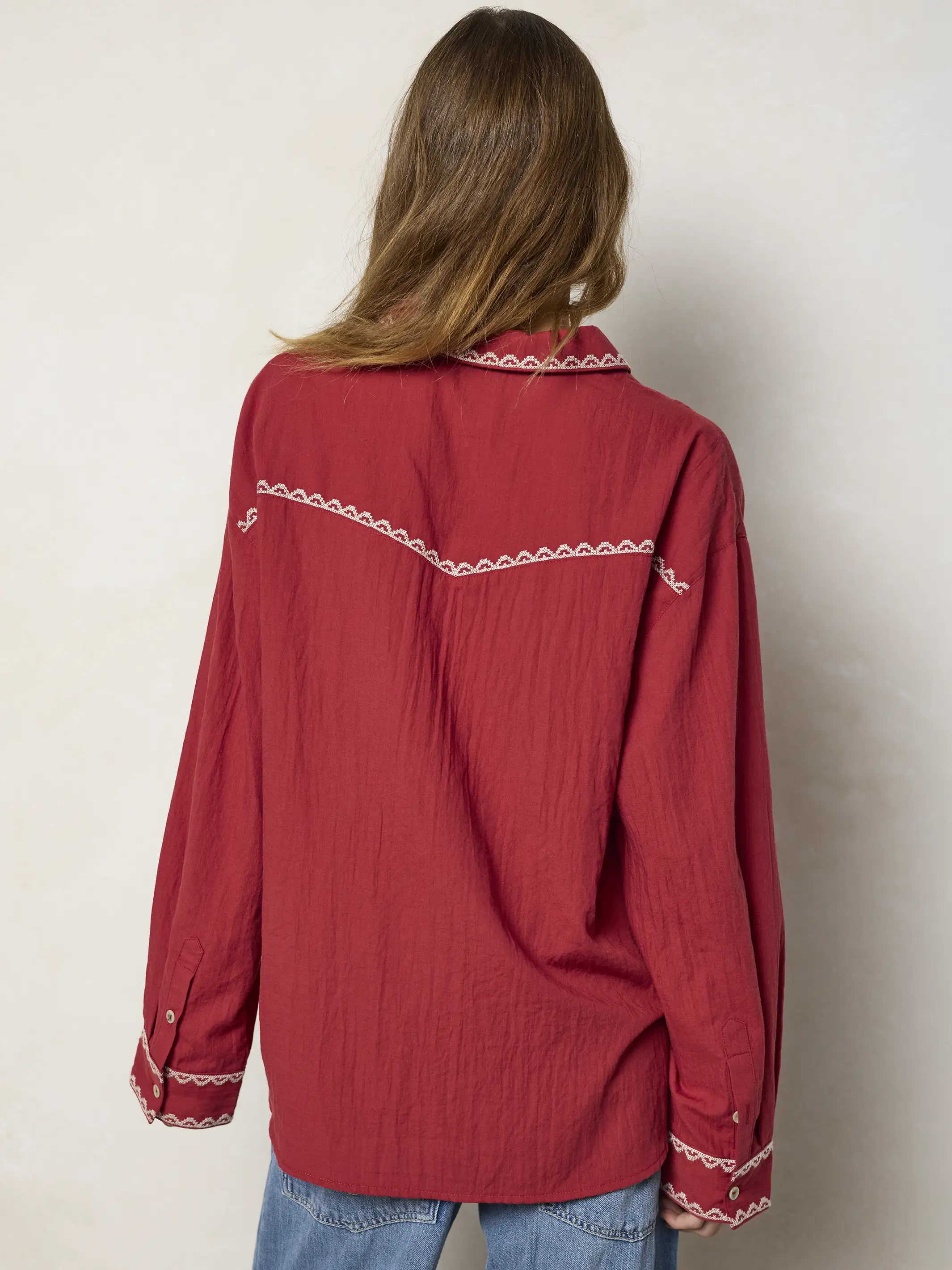 Round Top Embroidered Button Down - Red Clay - Image 6